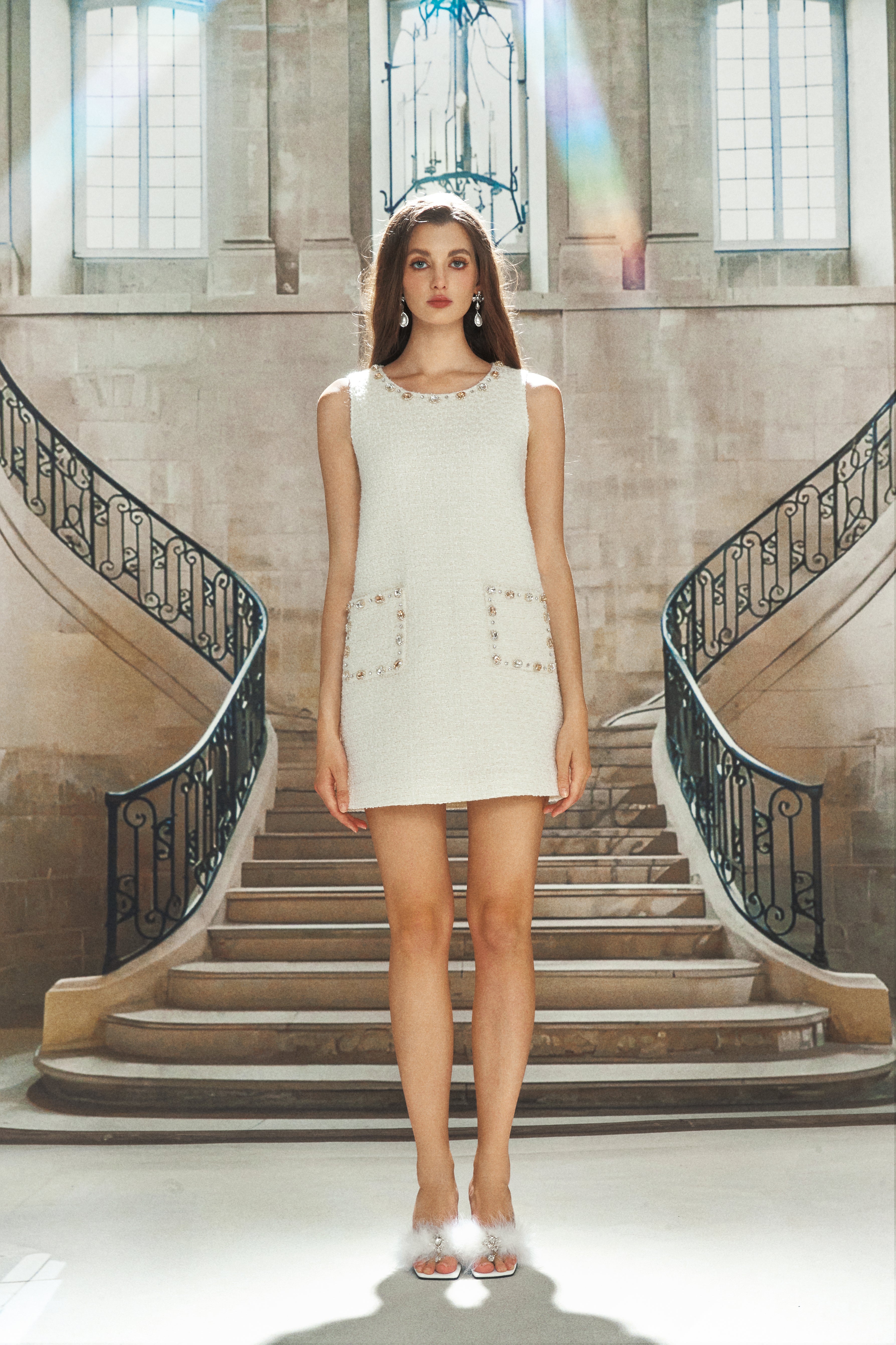 White Woven Gemstone Sleeveless Tank Dress