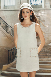 White Woven Gemstone Sleeveless Tank Dress