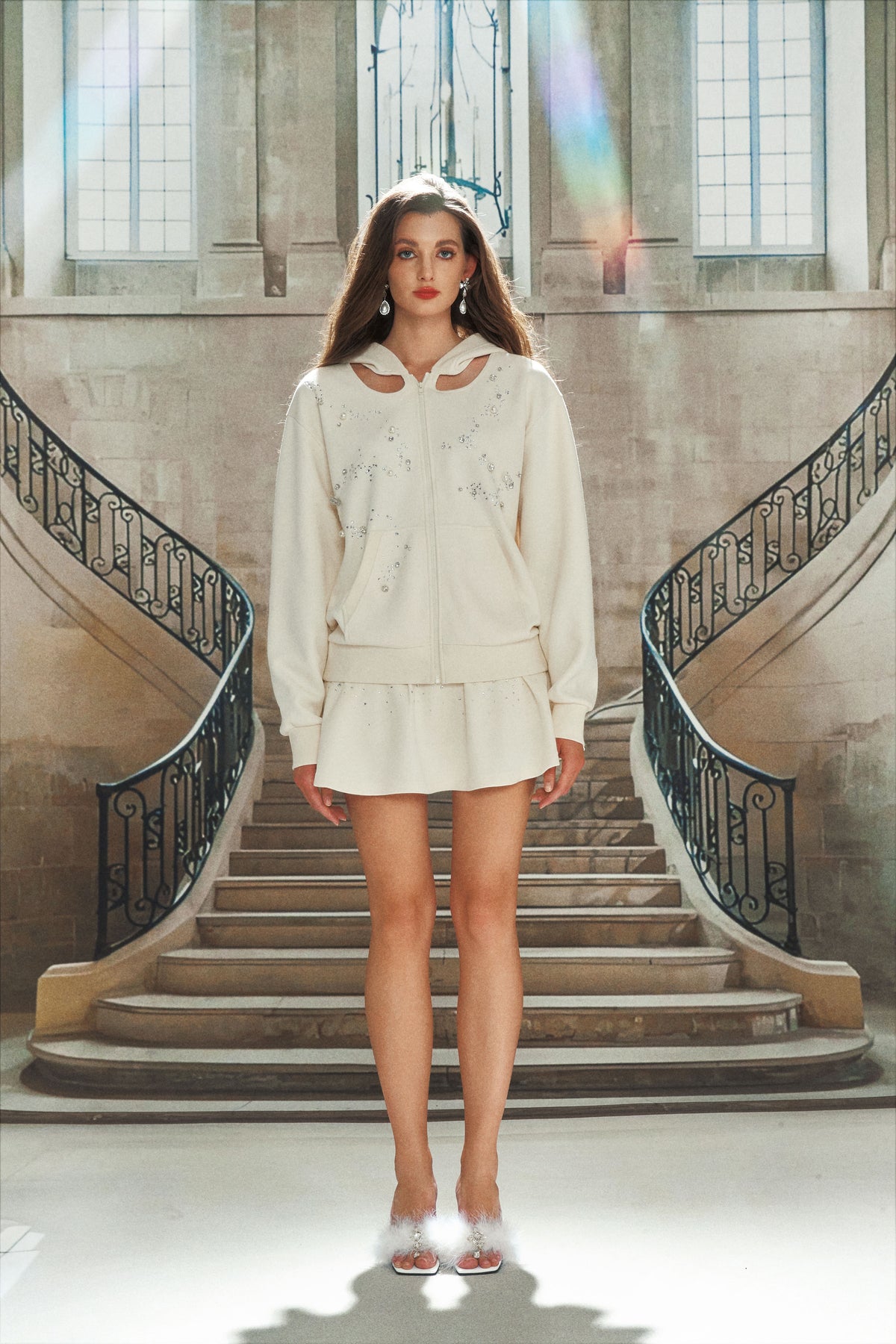 White Glitter Hooded Sweatshirt & Skirt