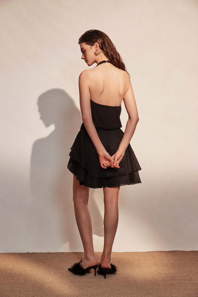 Black Halter Petal Santin Dress