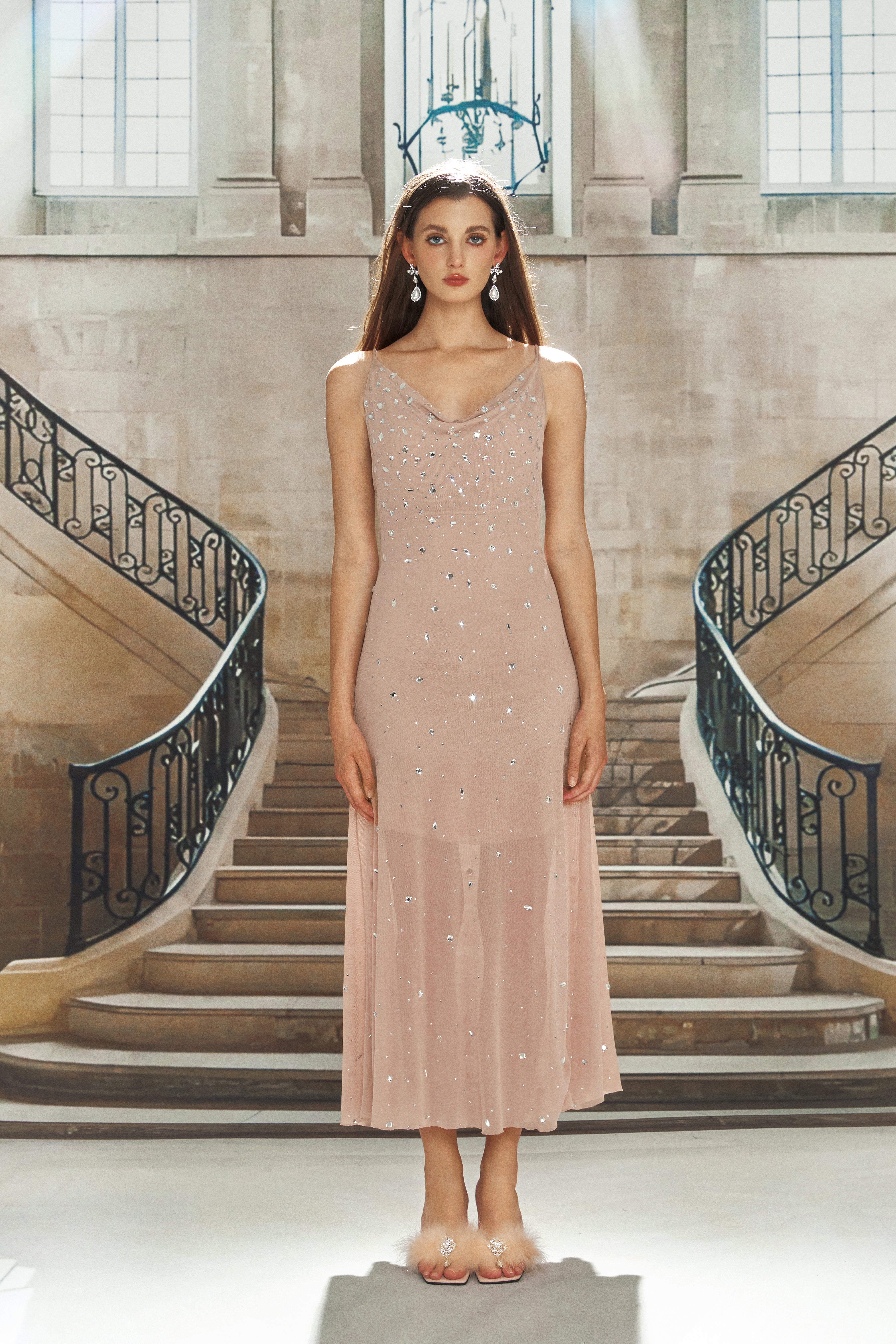 Nude Rhinestone Swing Neck Dress