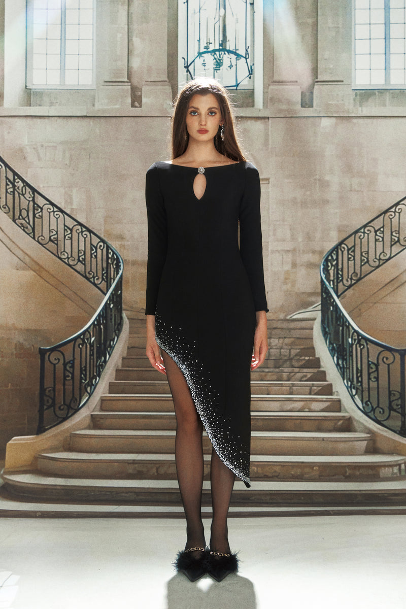 Black Rhinestone Slant Dress