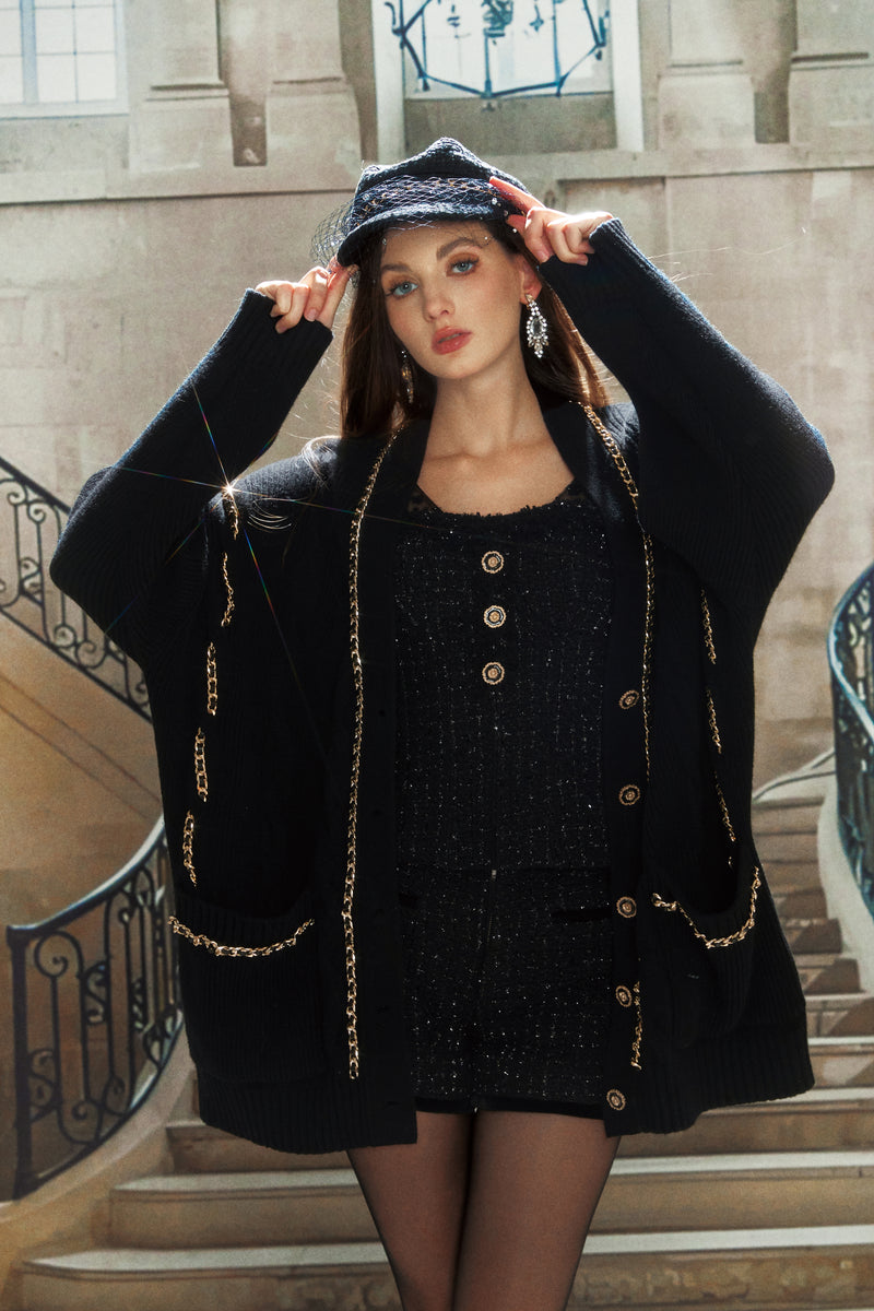 Black Knitted Chain Over size Cardigan